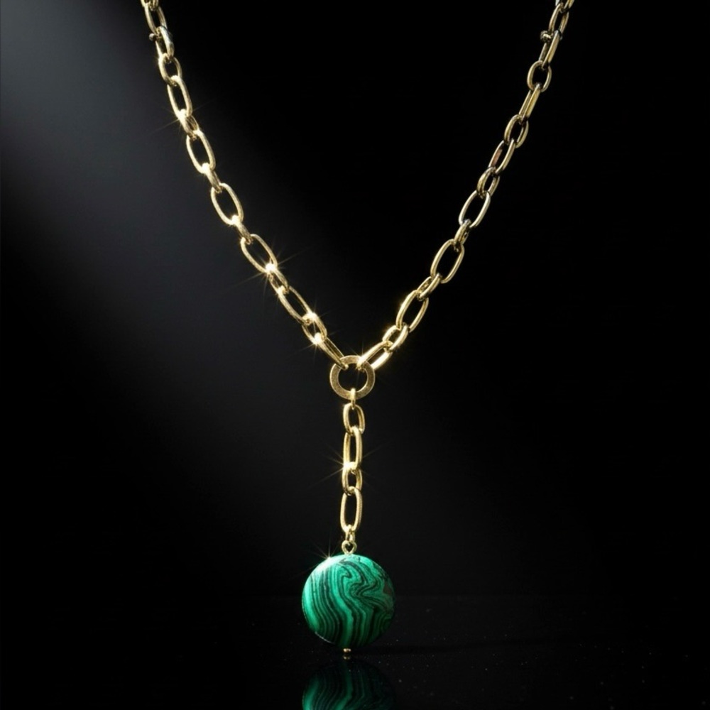 Vintage Gold Chain Necklace Green Malachite Pendant Drop Y Necklace Lariat - Picture 9 of 9